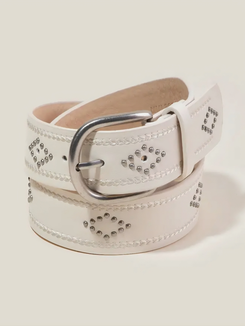 White Studded Faux Leather Women’s Belt - Classic Silver Buckle